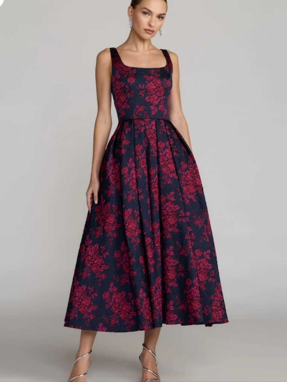 Mac Duggal Navy Brocade Floral A-Line Dress